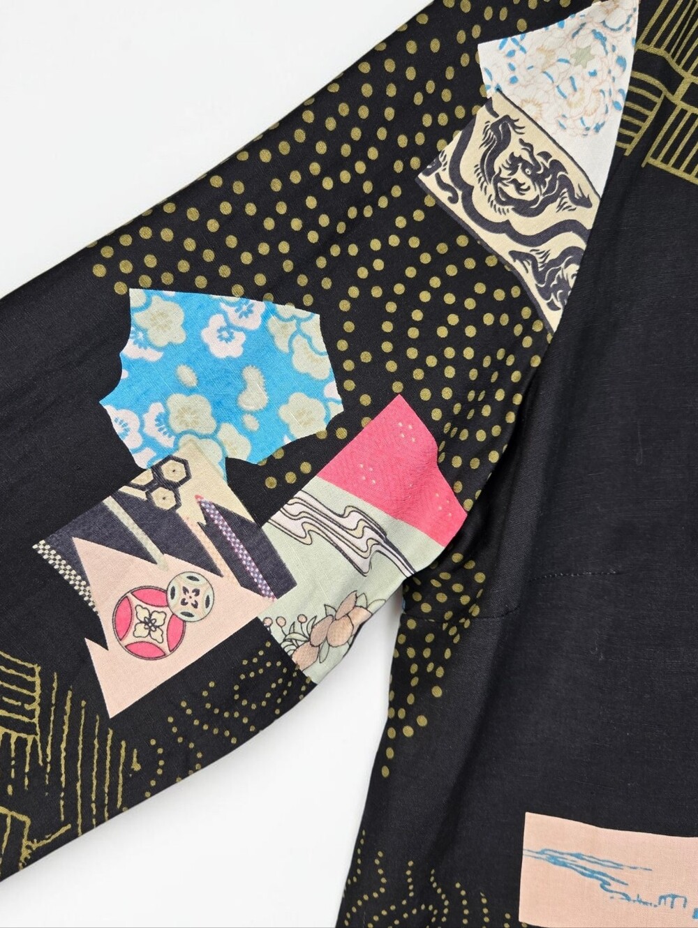 Citron Black Asian Print Silk Linen Blazer Open Front Banded Collar Womens 1X - Picture 7 of 15